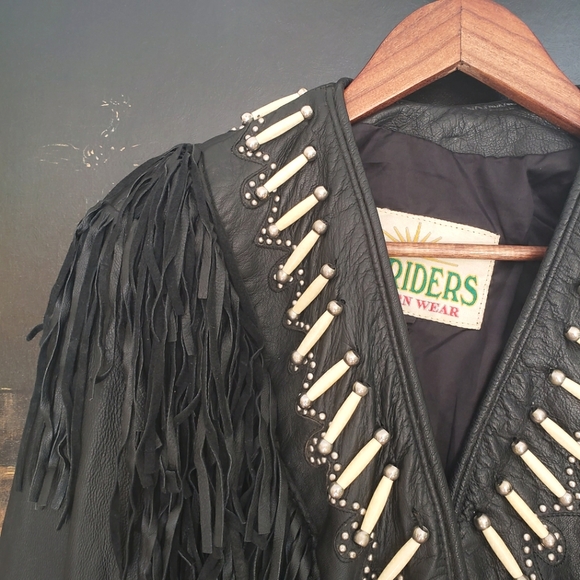 Sunriders Western Womens Fringe Bone Seed Gothic Cowgirl Tassel Leather Jacket - Picture 4 of 10